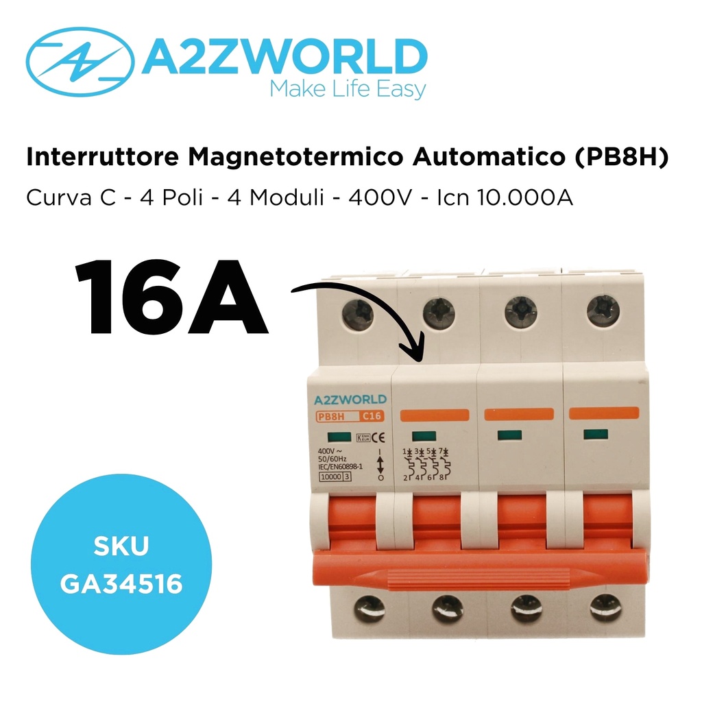 MCB Interruttore Magnetotermico Trifase 380V 16A Curva C 4P 4M 10000A C16A AC 400V IP20 PB8H