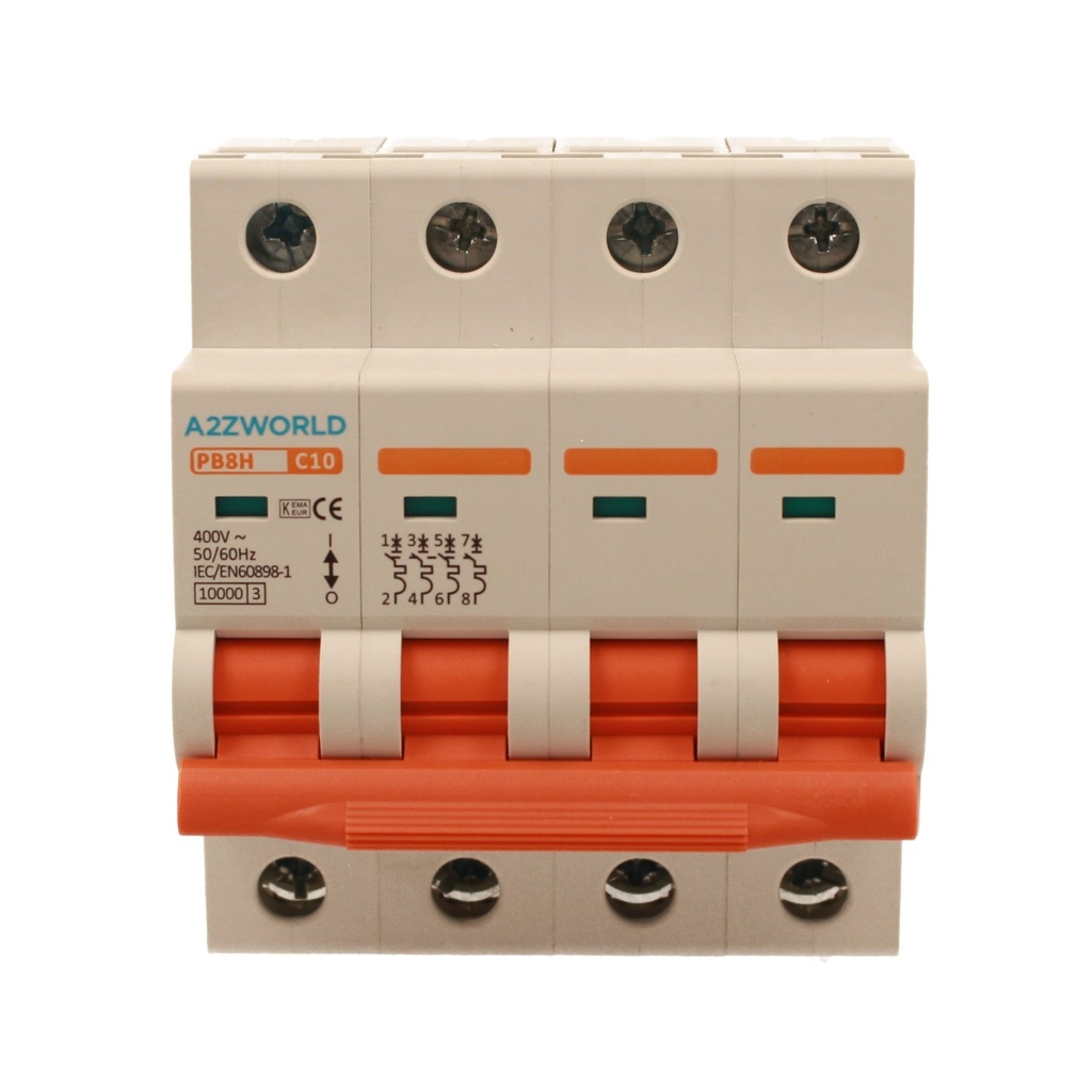A2ZWORLD MCB Interruttore Magnetotermico Automatico Curva C 4P 4M 10000A C10A AC 400V IP20 IEC60898-1 PB8H