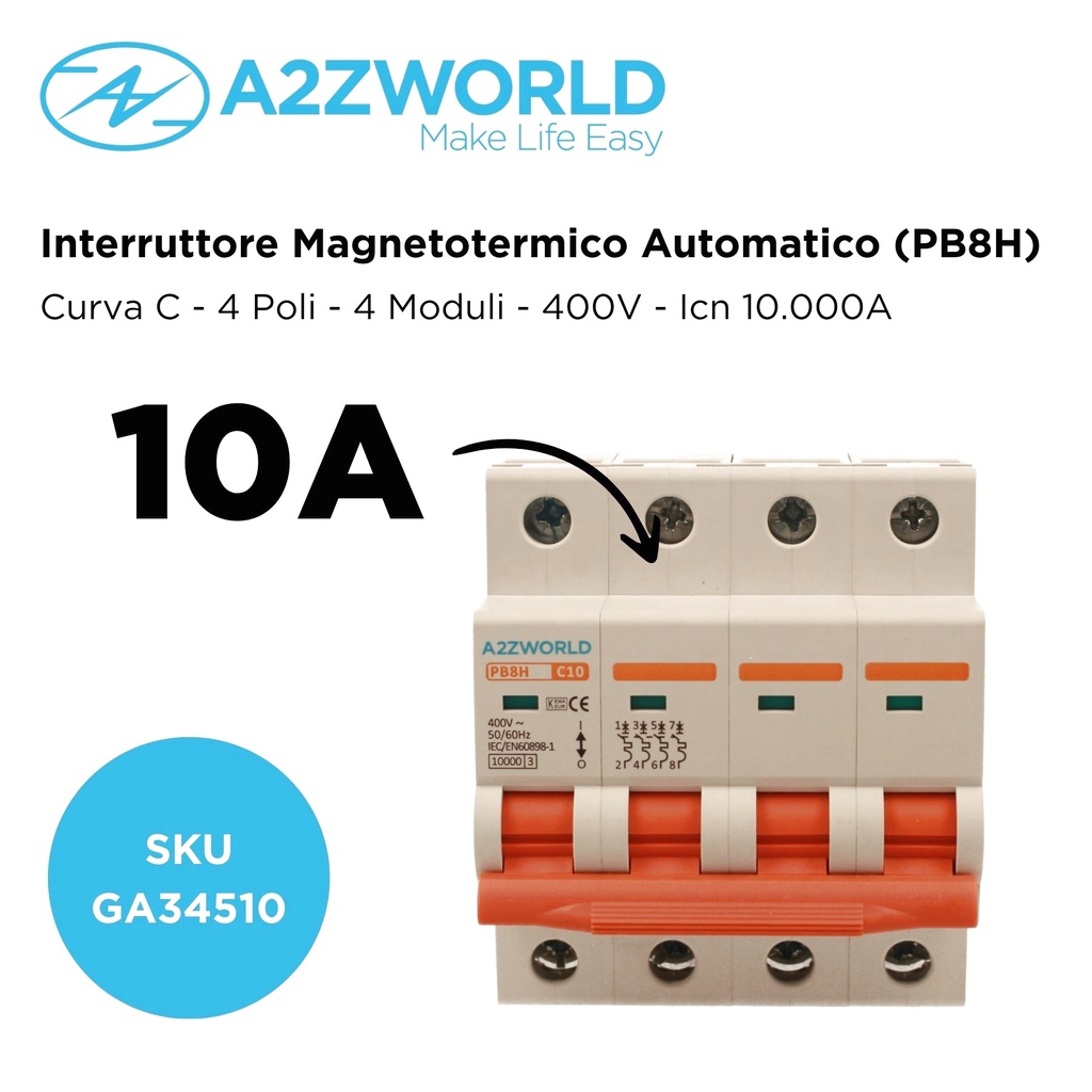 MCB Interruttore Magnetotermico Trifase 380V 10A Curva C 4P 4M 10000A C10A AC 400V IP20 PB8H