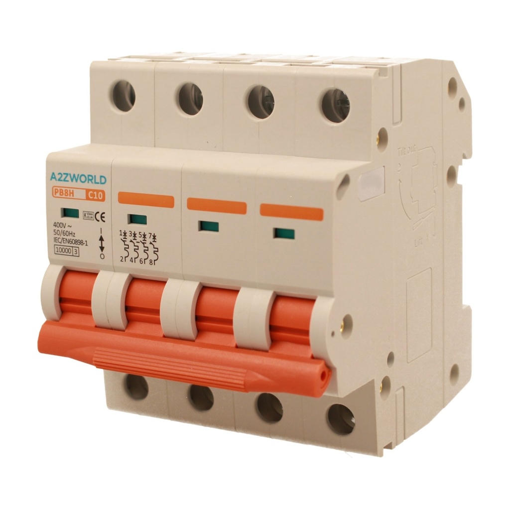 A2ZWORLD MCB Interruttore Magnetotermico Automatico Curva C 4P 4M 10000A C10A AC 400V IP20 IEC60898-1 PB8H