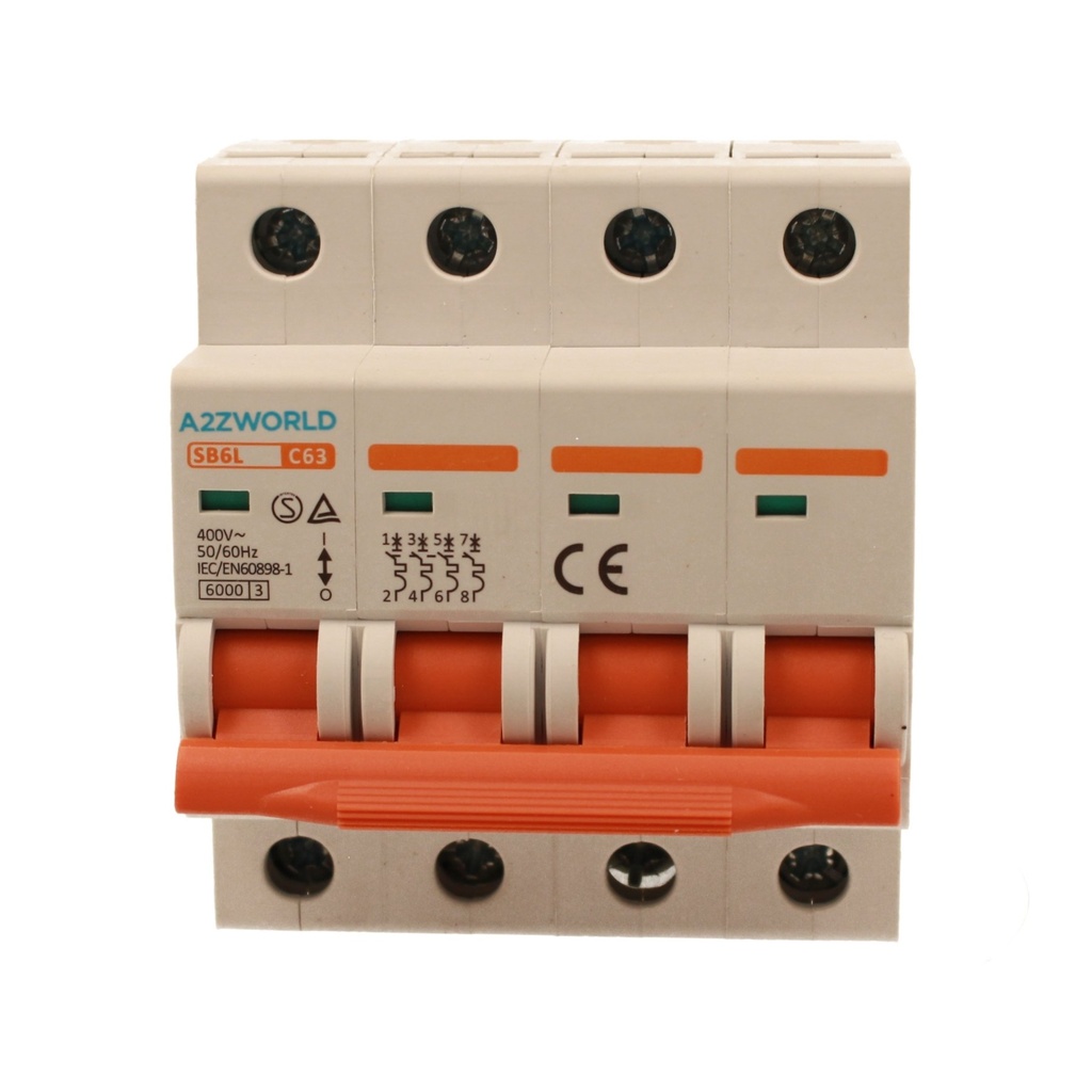 A2ZWORLD MCB Interruttore Magnetotermico Automatico Curva C 4P 4M 6000A C63A AC 400V IP20 IEC60898-1 SB6L