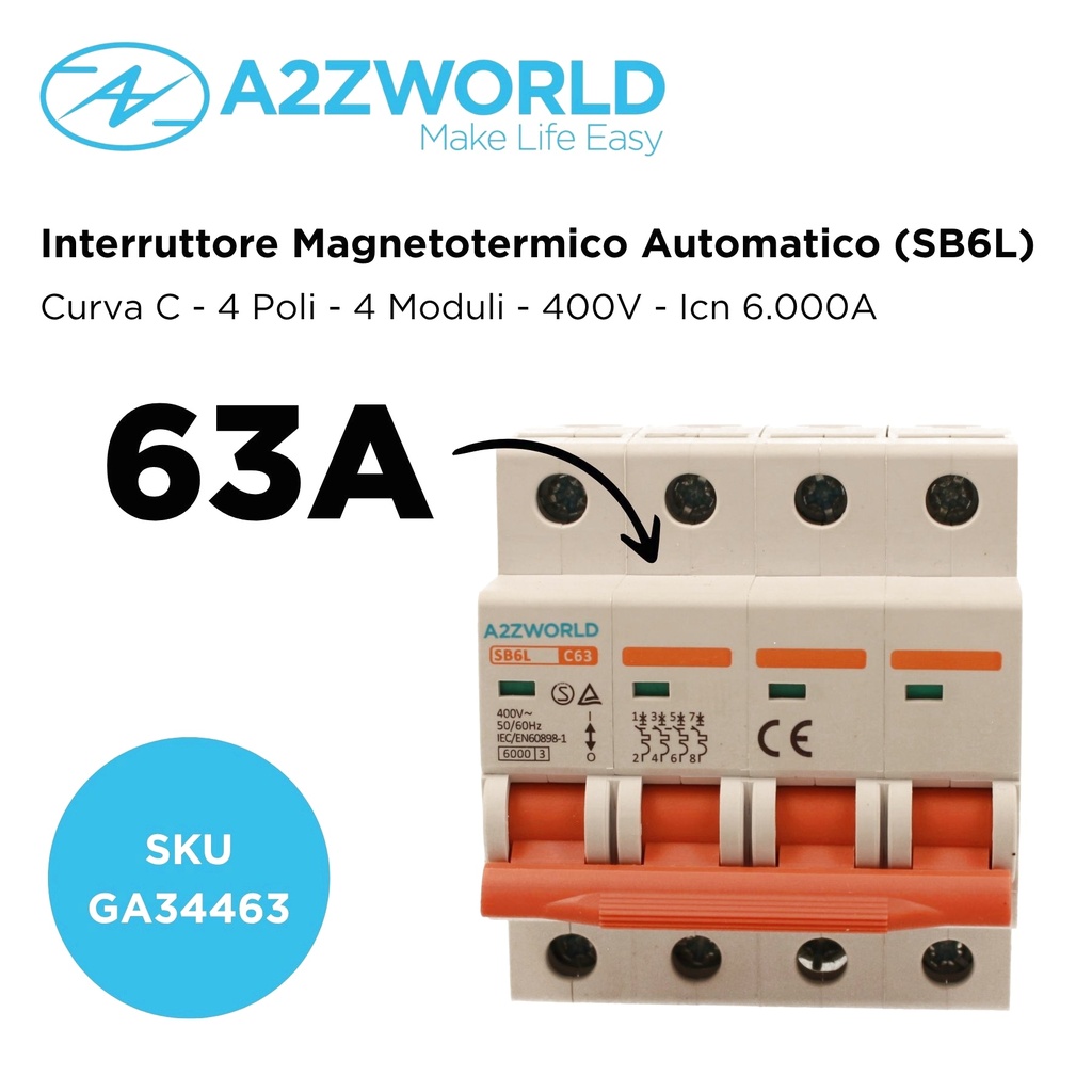 MCB Interruttore Magnetotermico Trifase 380V 63A Curva C 4P 4M 6000A C63A AC 400V IP20 SB6L