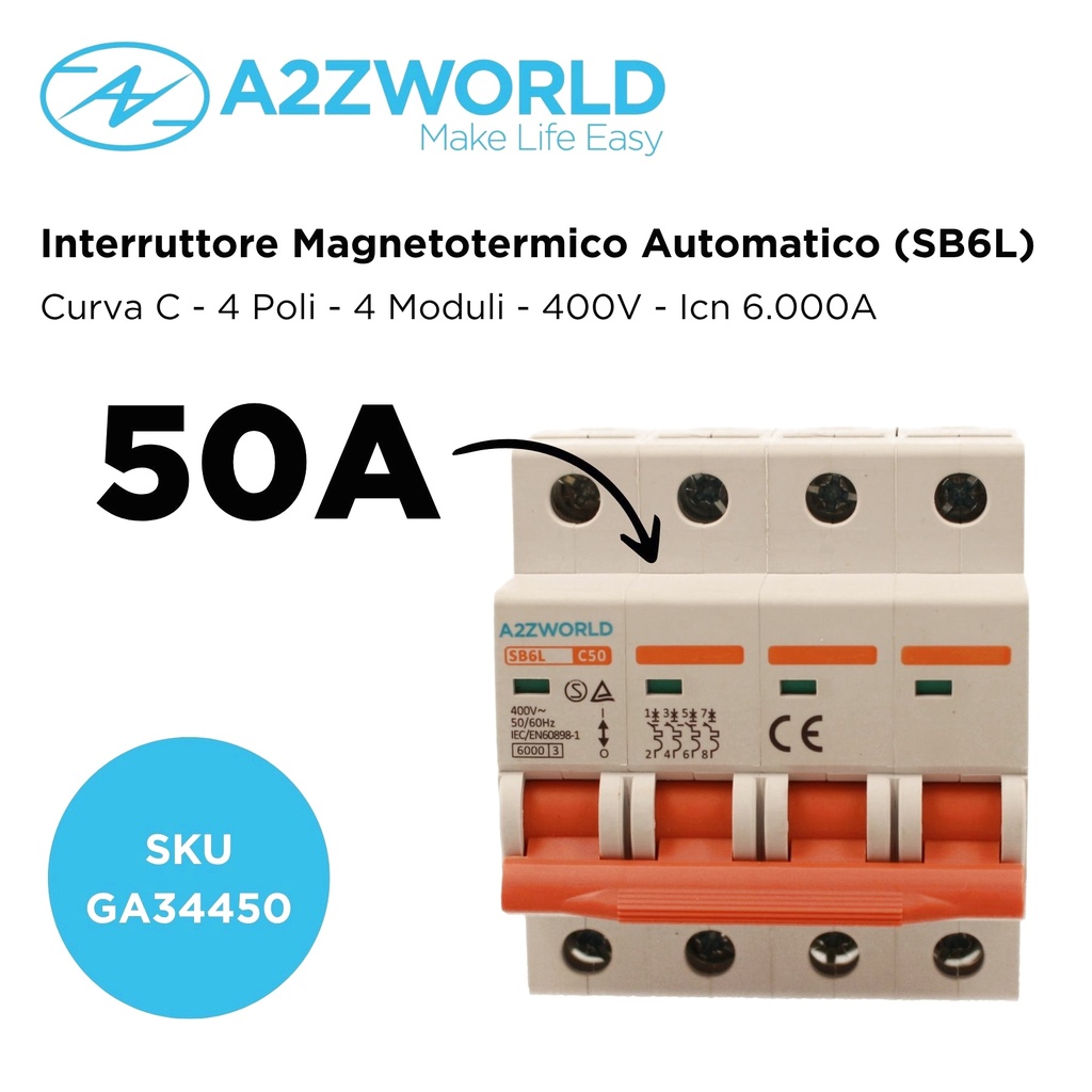 MCB Interruttore Magnetotermico Trifase 380V 50A Curva C 4P 4M 6000A C50A AC 400V IP20 SB6L