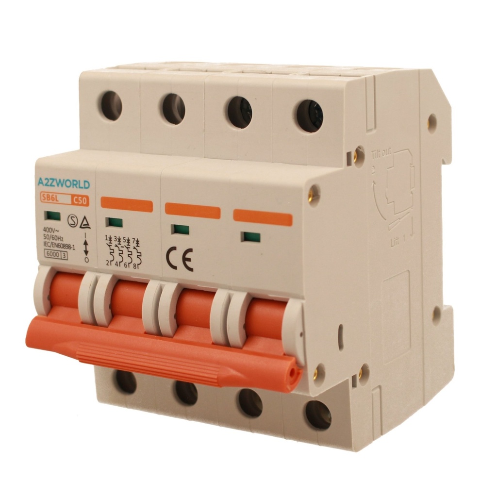 A2ZWORLD MCB Interruttore Magnetotermico Automatico Curva C 4P 4M 6000A C50A AC 400V IP20 IEC60898-1 SB6L