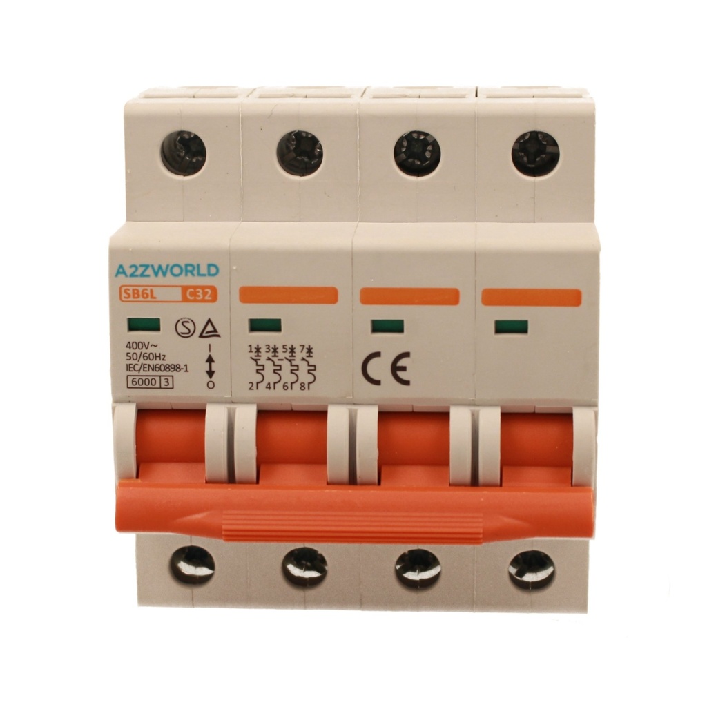 A2ZWORLD MCB Interruttore Magnetotermico Automatico Curva C 4P 4M 6000A C32A AC 400V IP20 IEC60898-1 SB6L