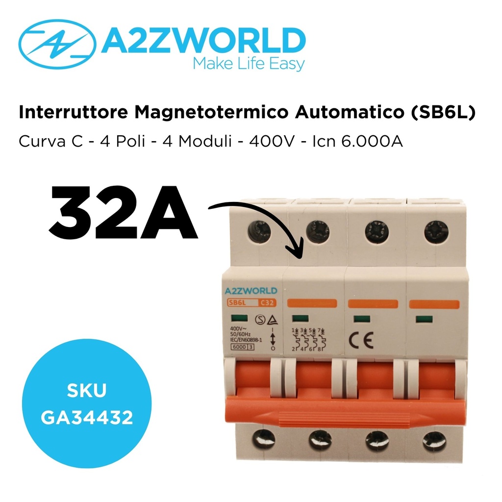 MCB Interruttore Magnetotermico Automatico Curva C 4P 4M 6000A C32A AC 400V IP20 IEC60898-1 SB6L