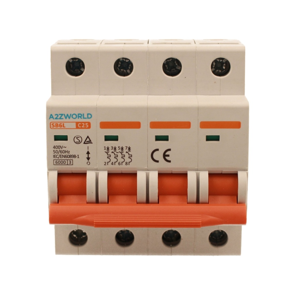 A2ZWORLD MCB Interruttore Magnetotermico Automatico Curva C 4P 4M 6000A  C25A AC 400V IP20 IEC60898-1 SB6L