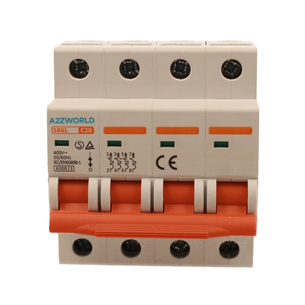 A2ZWORLD MCB Interruttore Magnetotermico Automatico Curva C 4P 4M 6000A C20A AC 400V IP20 IEC60898-1 SB6L