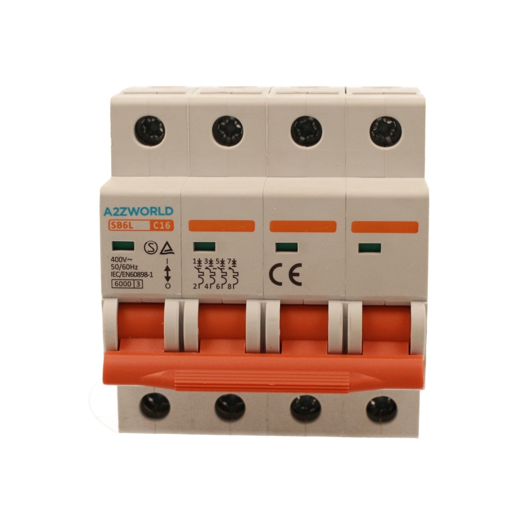 A2ZWORLD MCB Interruttore Magnetotermico Automatico Curva C 4P 4M 6000A C16A AC 400V IP20 IEC60898-1 SB6L