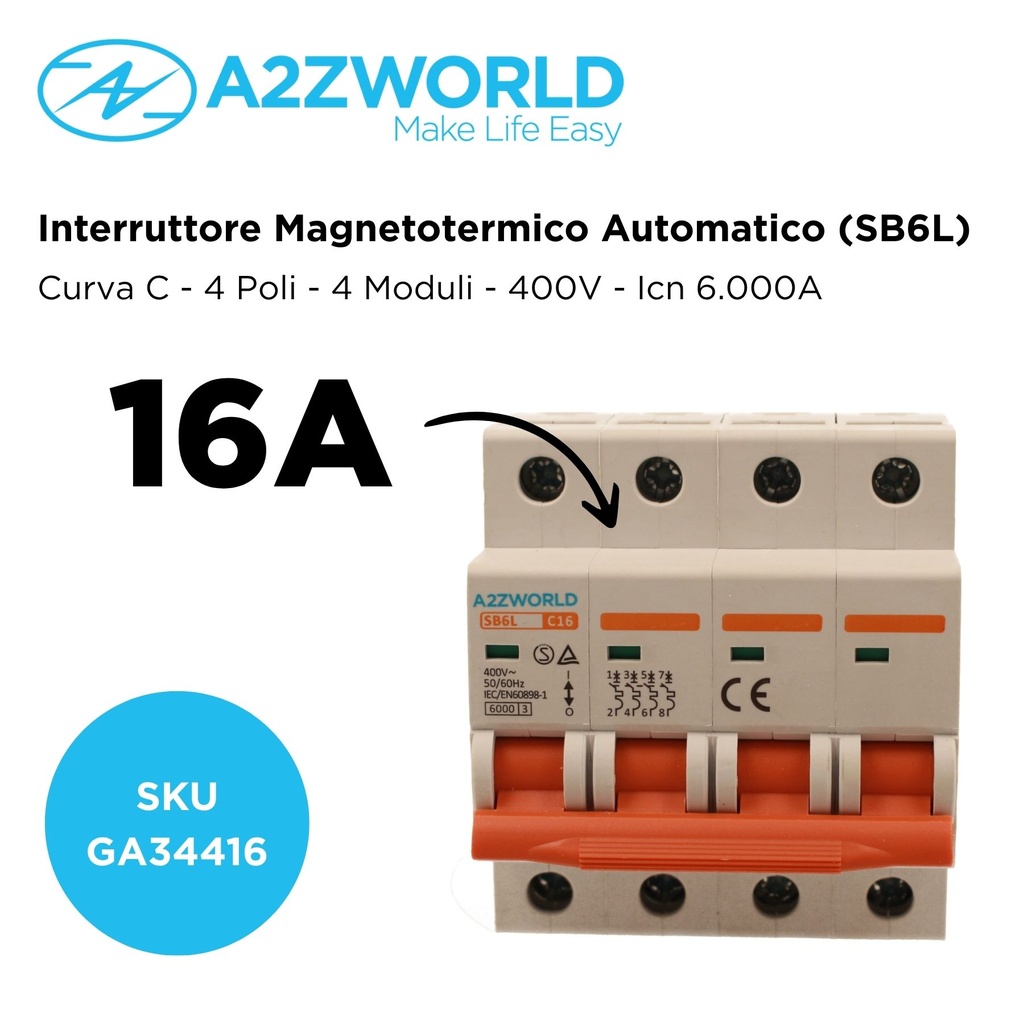 MCB Interruttore Magnetotermico Automatico Curva C 4P 4M 6000A C16A AC 400V IP20 IEC60898-1 SB6L