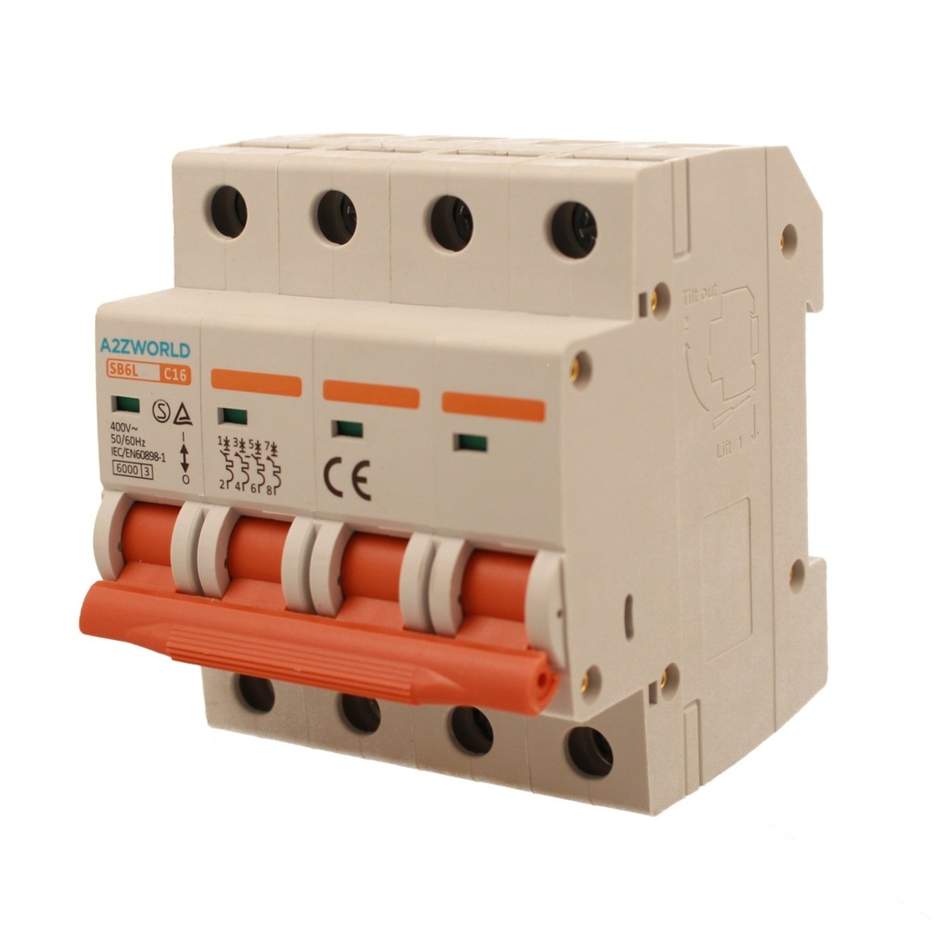 A2ZWORLD MCB Interruttore Magnetotermico Automatico Curva C 4P 4M 6000A C16A AC 400V IP20 IEC60898-1 SB6L