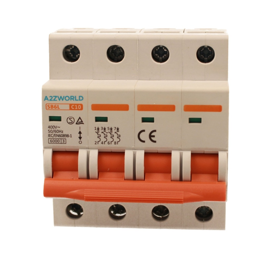 A2ZWORLD MCB Interruttore Magnetotermico Automatico Curva C 4P 4M 6000A C10A AC 400V IP20 IEC60898-1 SB6L