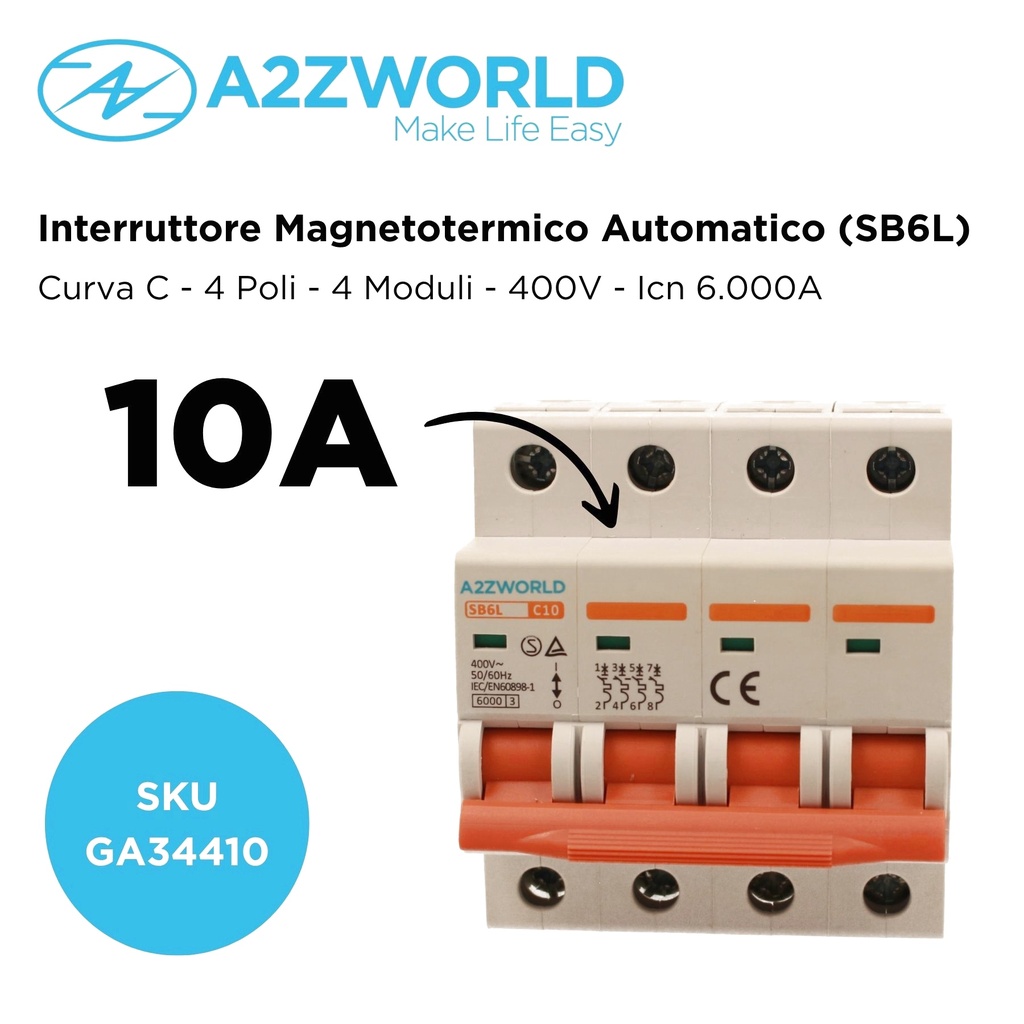 MCB Interruttore Magnetotermico Trifase 380V 10A Curva C 4P 4M 6000A C10A AC 400V IP20 SB6L