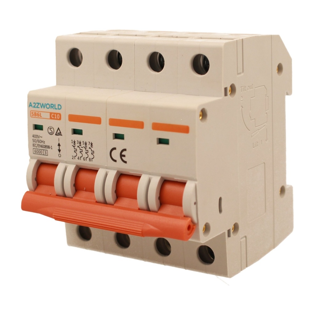 A2ZWORLD MCB Interruttore Magnetotermico Automatico Curva C 4P 4M 6000A C10A AC 400V IP20 IEC60898-1 SB6L
