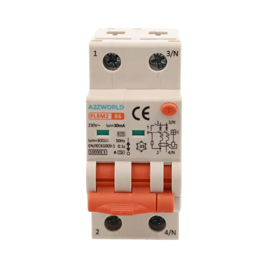 A2ZWORLD RCBO Interruttore Magnetotermico Differenziale Con Doppia Leva Tipo A Curva B 2P 2M 6000A 30mA, Diagnostica Visiva, B6A  AC 230V IP20 IEC61009-1 PL8M2