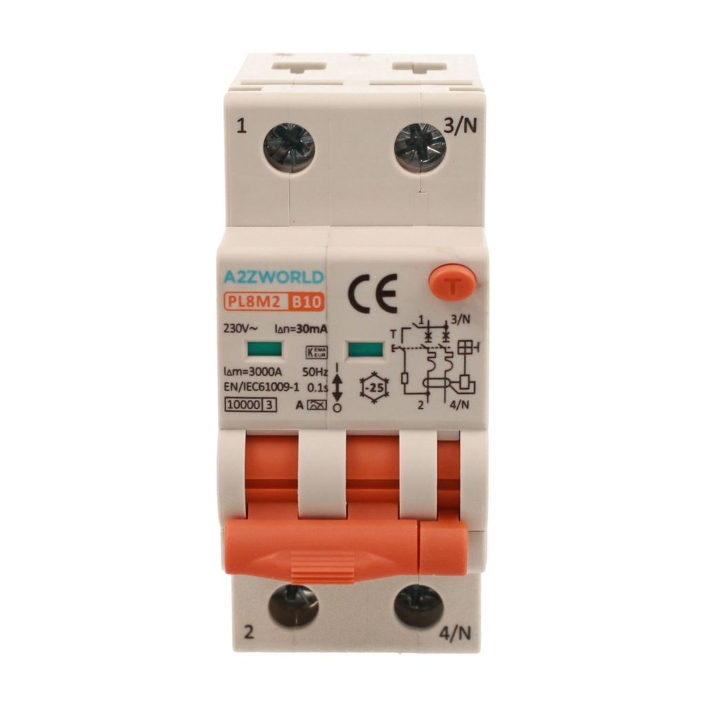 A2ZWORLD RCBO Interruttore Magnetotermico Differenziale Con Doppia Leva Tipo A Curva B 2P 2M 6000A 30mA, Diagnostica Visiva, B10A  AC 230V IP20 IEC61009-1 PL8M2