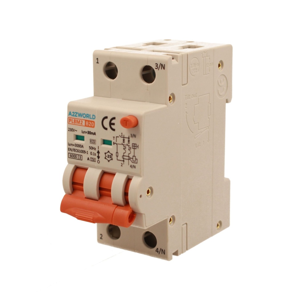 A2ZWORLD RCBO Interruttore Magnetotermico Differenziale Con Doppia Leva Tipo A Curva B 2P 2M 6000A 30mA, Diagnostica Visiva, B20A  AC 230V IP20 IEC61009-1 PL8M2