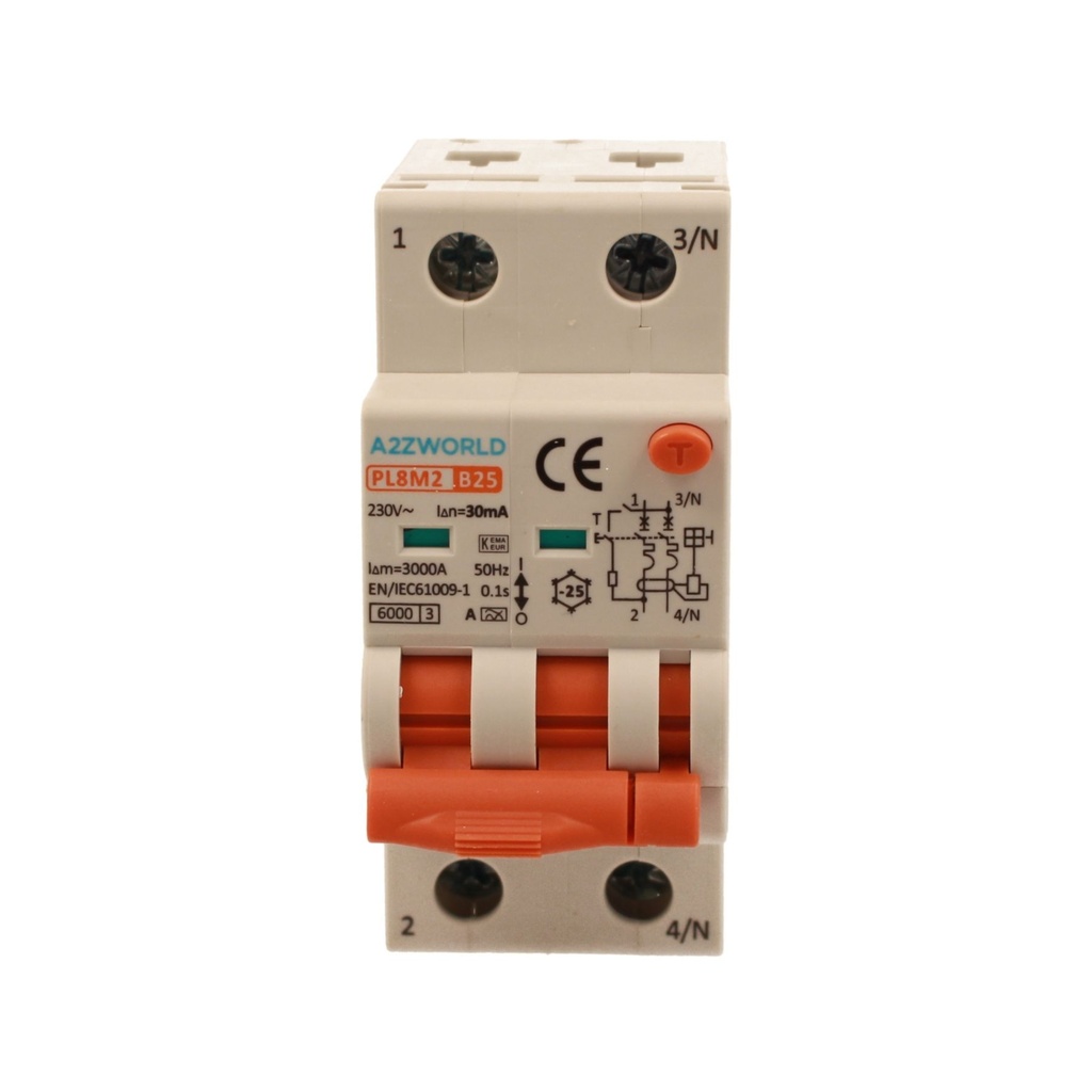 A2ZWORLD RCBO Interruttore Magnetotermico Differenziale Con Doppia Leva Tipo A Curva B 2P 2M 6000A 30mA, Diagnostica Visiva, B25A  AC 230V IP20 IEC61009-1 PL8M2