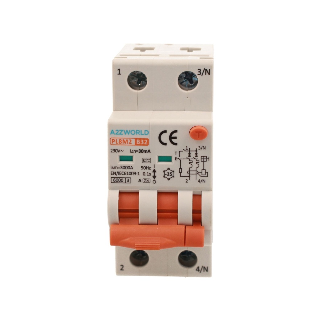 A2ZWORLD RCBO Interruttore Magnetotermico Differenziale Con Doppia Leva Tipo A Curva B 2P 2M 6000A 30mA, Diagnostica Visiva, B32A  AC 230V IP20 IEC61009-1 PL8M2
