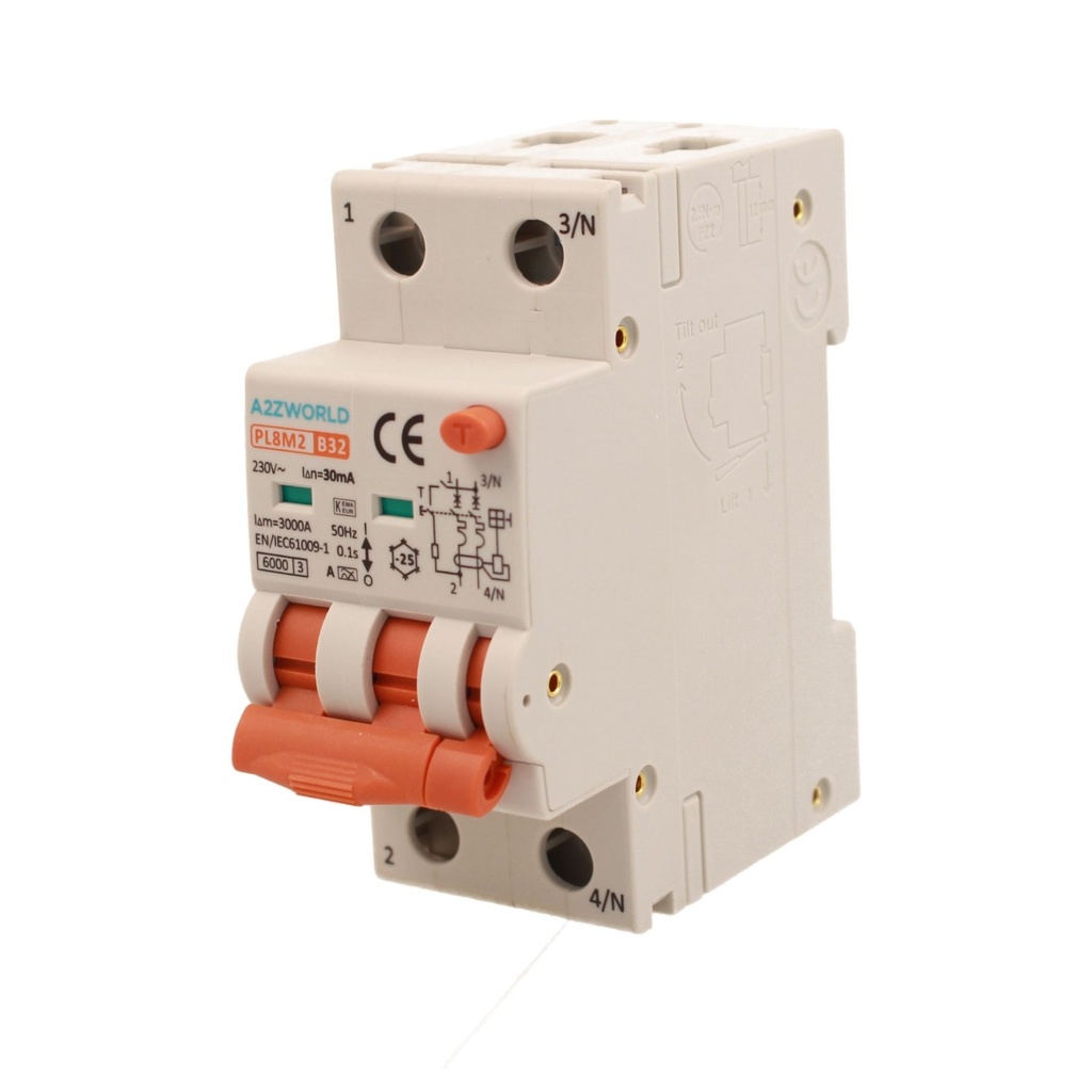 A2ZWORLD RCBO Interruttore Magnetotermico Differenziale Con Doppia Leva Tipo A Curva B 2P 2M 6000A 30mA, Diagnostica Visiva, B32A  AC 230V IP20 IEC61009-1 PL8M2