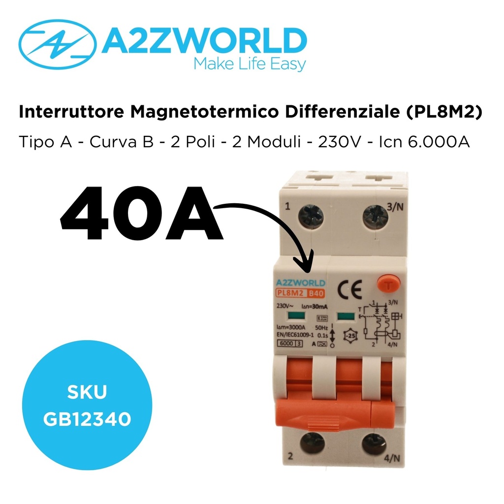 RCBO Interruttore Magnetotermico Differenziale Con Doppia Leva Tipo A Curva B 2P 2M 6000A 30mA, Diagnostica Visiva, B40A  AC 230V IP20 IEC61009-1 PL8M2