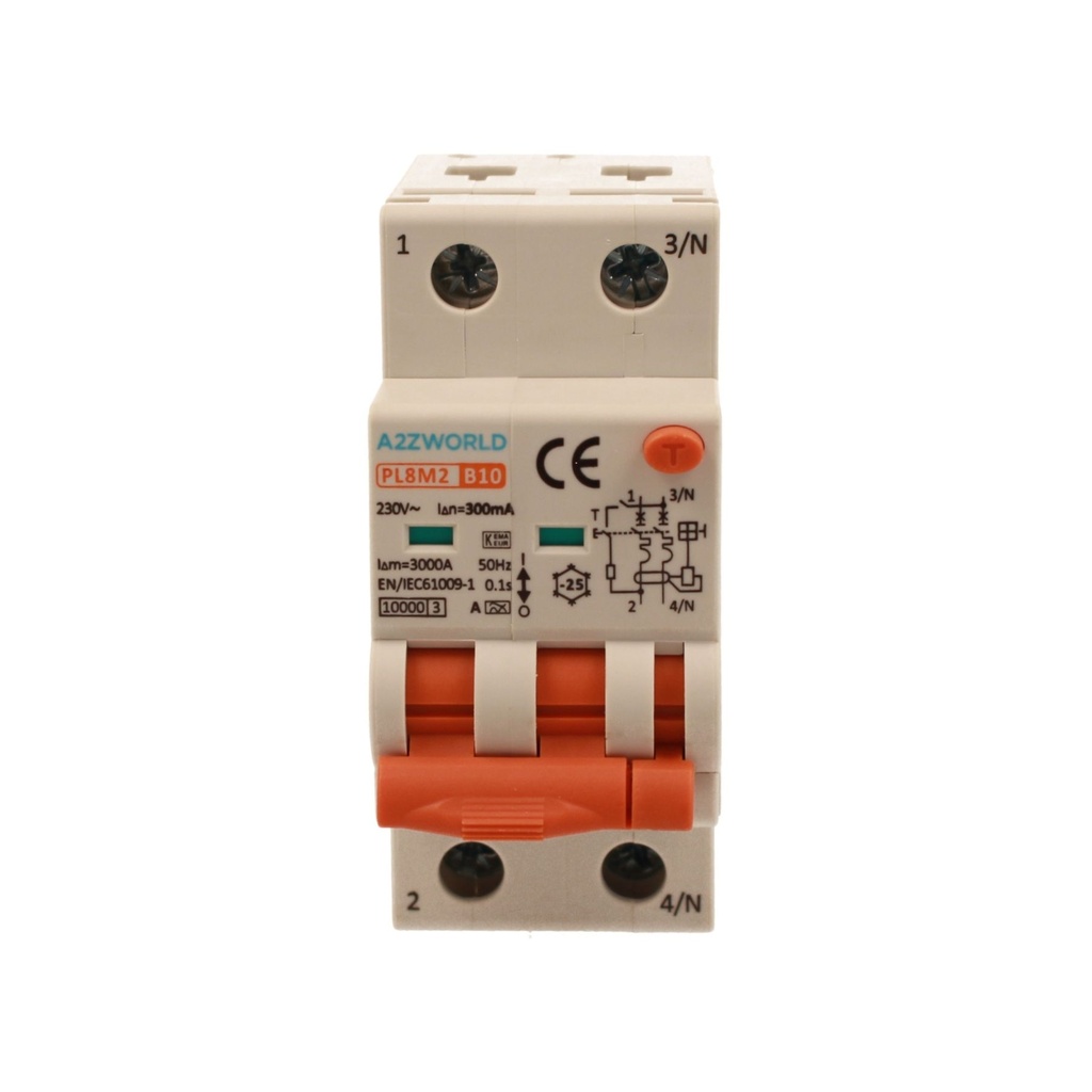 A2ZWORLD RCBO Interruttore Magnetotermico Differenziale Con Doppia Leva Tipo A Curva B 2P 2M 6000A 300mA, Diagnostica Visiva, B10A  AC 230V IP20 IEC61009-1 PL8M2