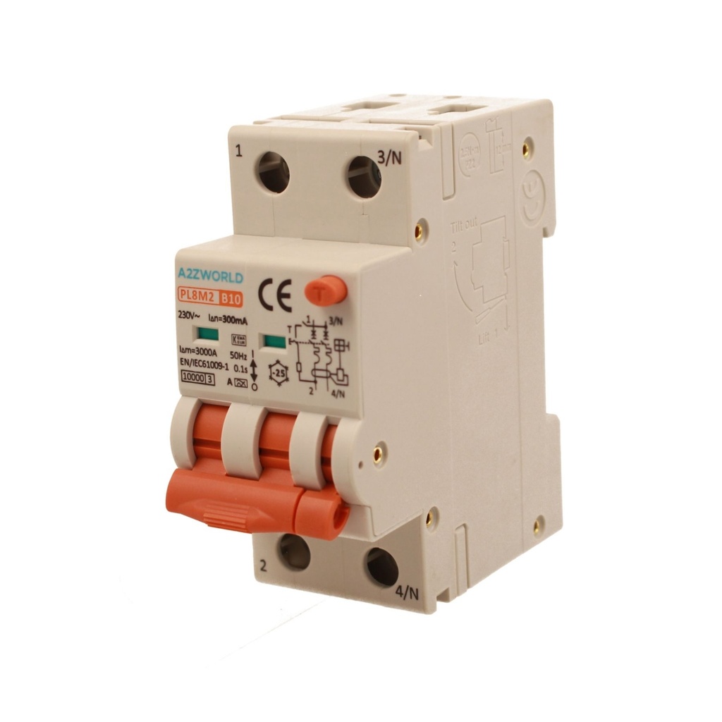 A2ZWORLD RCBO Interruttore Magnetotermico Differenziale Con Doppia Leva Tipo A Curva B 2P 2M 6000A 300mA, Diagnostica Visiva, B10A  AC 230V IP20 IEC61009-1 PL8M2