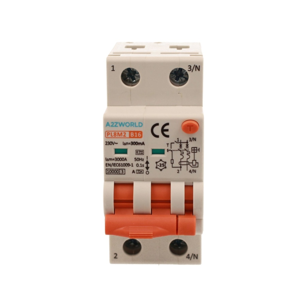 A2ZWORLD RCBO Interruttore Magnetotermico Differenziale Con Doppia Leva Tipo A Curva B 2P 2M 6000A 300mA, Diagnostica Visiva, B16A  AC 230V IP20 IEC61009-1 PL8M2
