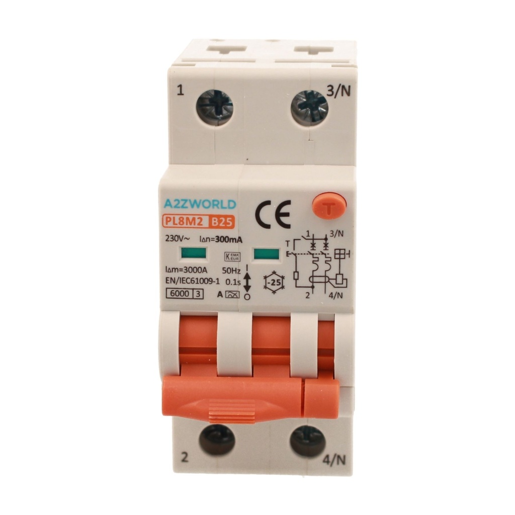 A2ZWORLD RCBO Interruttore Magnetotermico Differenziale Con Doppia Leva Tipo A Curva B 2P 2M 6000A 300mA, Diagnostica Visiva, B25A  AC 230V IP20 IEC61009-1 PL8M2