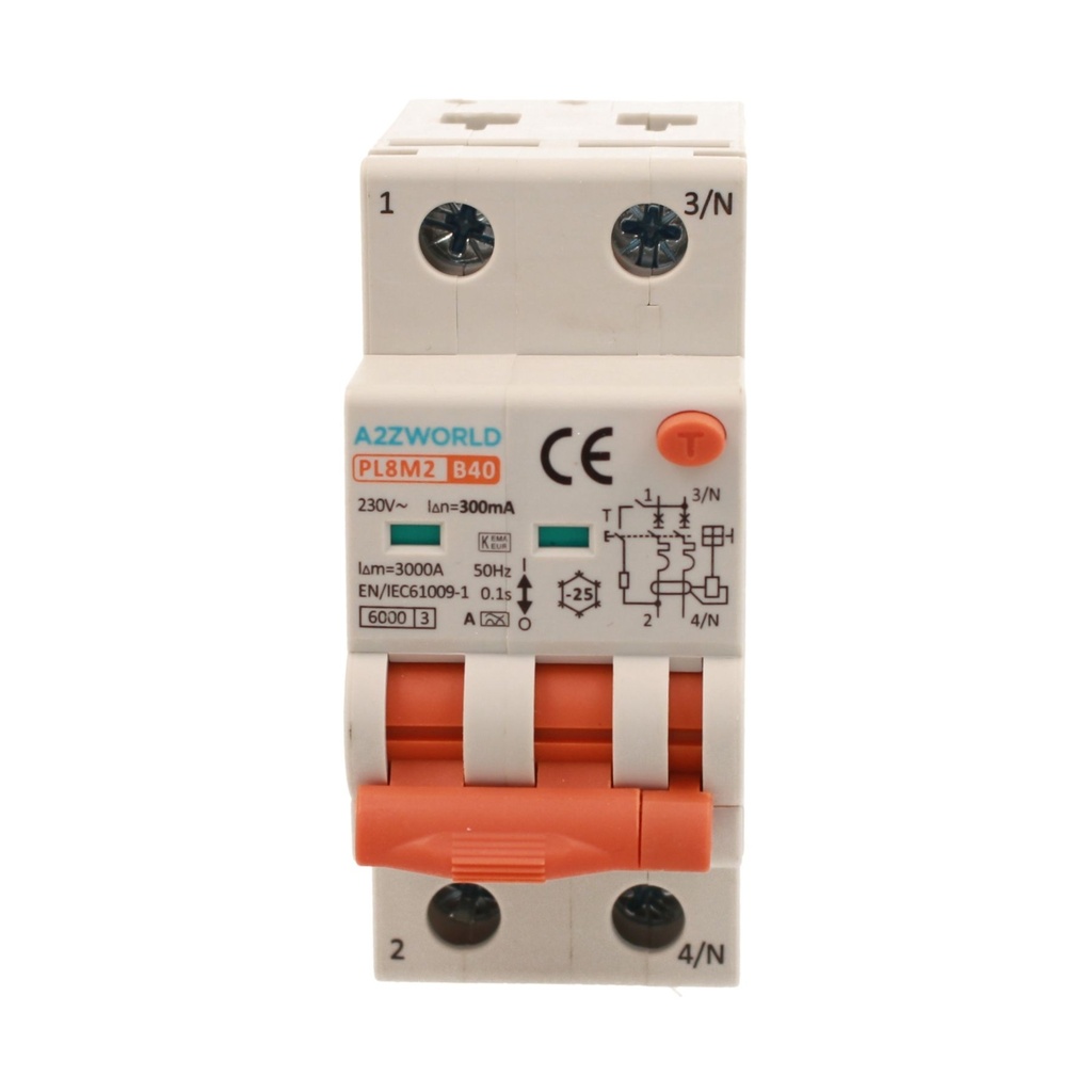 A2ZWORLD RCBO Interruttore Magnetotermico Differenziale Con Doppia Leva Tipo A Curva B 2P 2M 6000A 300mA, Diagnostica Visiva, B40A  AC 230V IP20 IEC61009-1 PL8M2