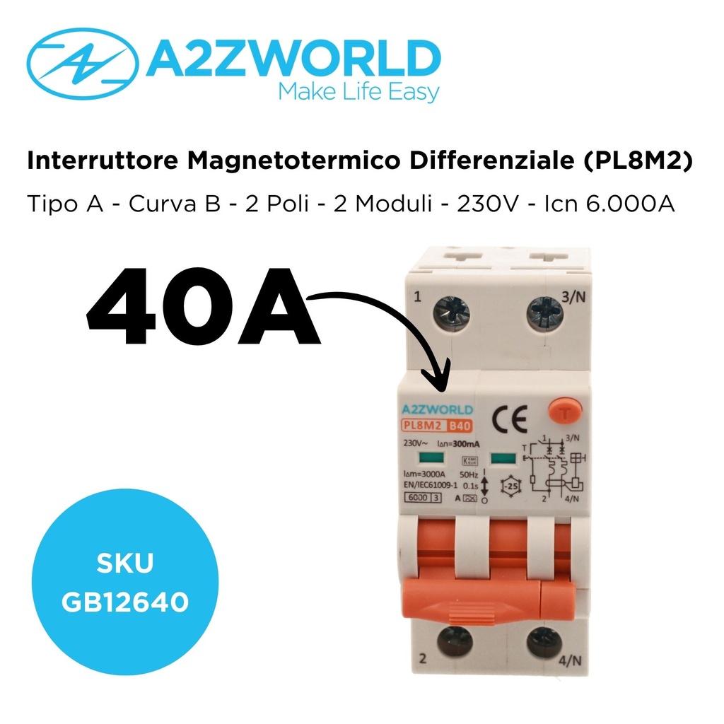 RCBO Interruttore Magnetotermico Differenziale Con Doppia Leva Tipo A Curva B 2P 2M 6000A 300mA, Diagnostica Visiva, B40A  AC 230V IP20 IEC61009-1 PL8M2