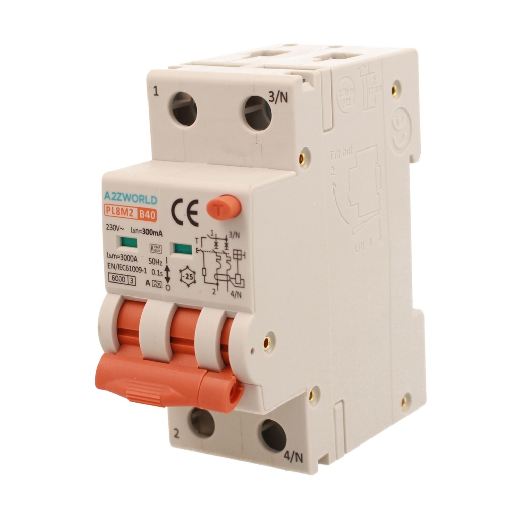 A2ZWORLD RCBO Interruttore Magnetotermico Differenziale Con Doppia Leva Tipo A Curva B 2P 2M 6000A 300mA, Diagnostica Visiva, B40A  AC 230V IP20 IEC61009-1 PL8M2