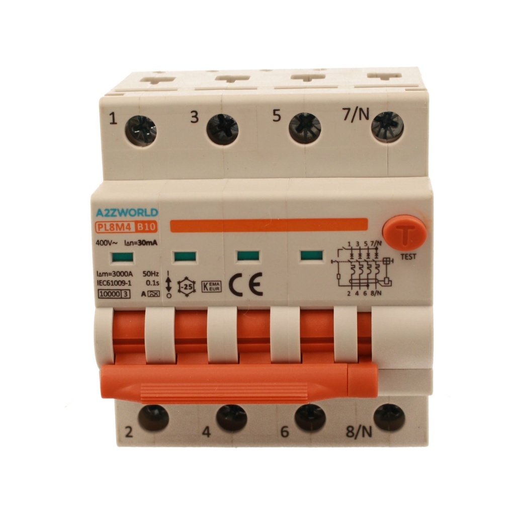 A2ZWORLD RCBO Interruttore Magnetotermico Differenziale Con Doppia Leva Tipo A Curva B 4P 4M 6000A 30mA, Diagnostica Visiva, B10A  AC 400V IP20 IEC61009-1 PL8M4 4P