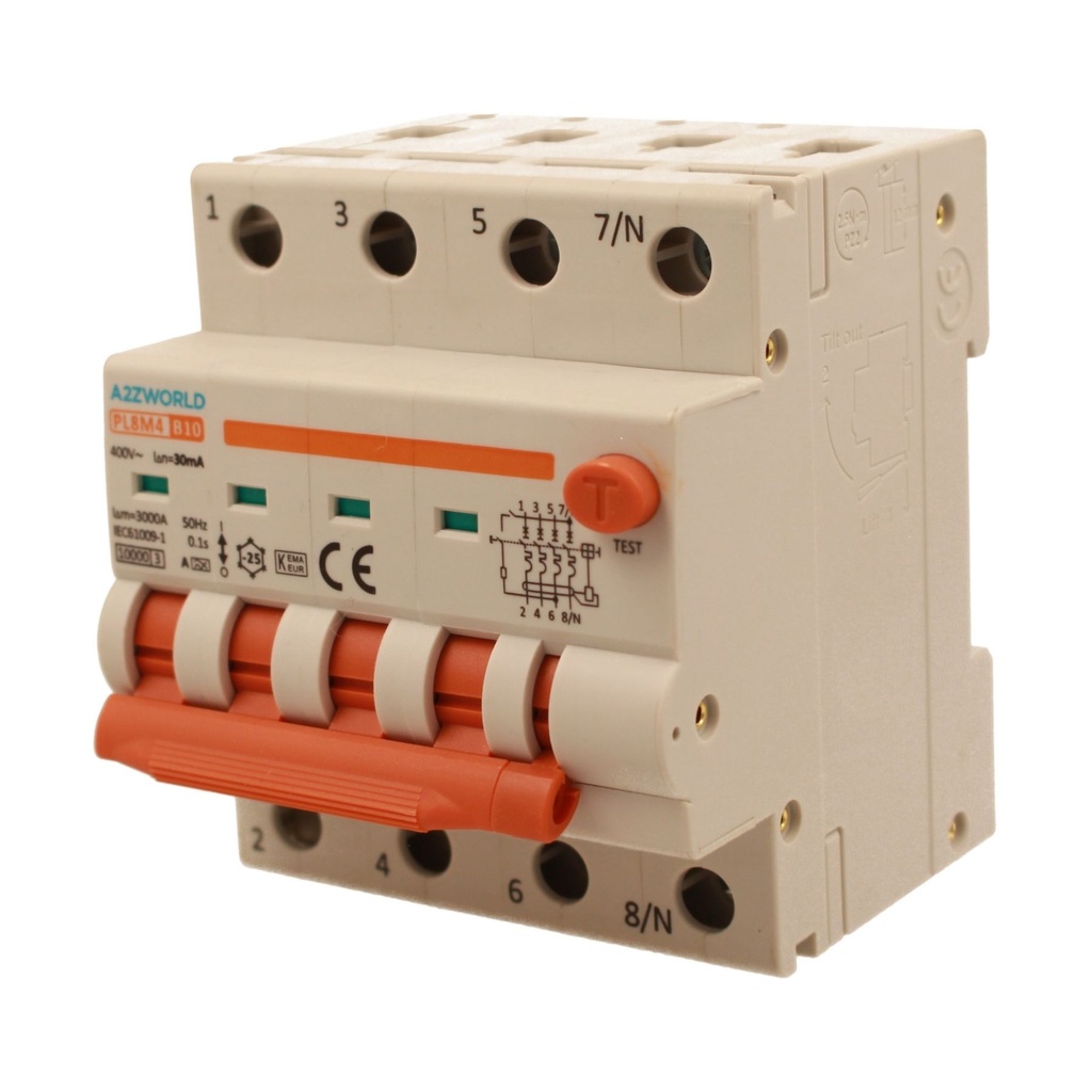 A2ZWORLD RCBO Interruttore Magnetotermico Differenziale Con Doppia Leva Tipo A Curva B 4P 4M 6000A 30mA, Diagnostica Visiva, B10A  AC 400V IP20 IEC61009-1 PL8M4 4P