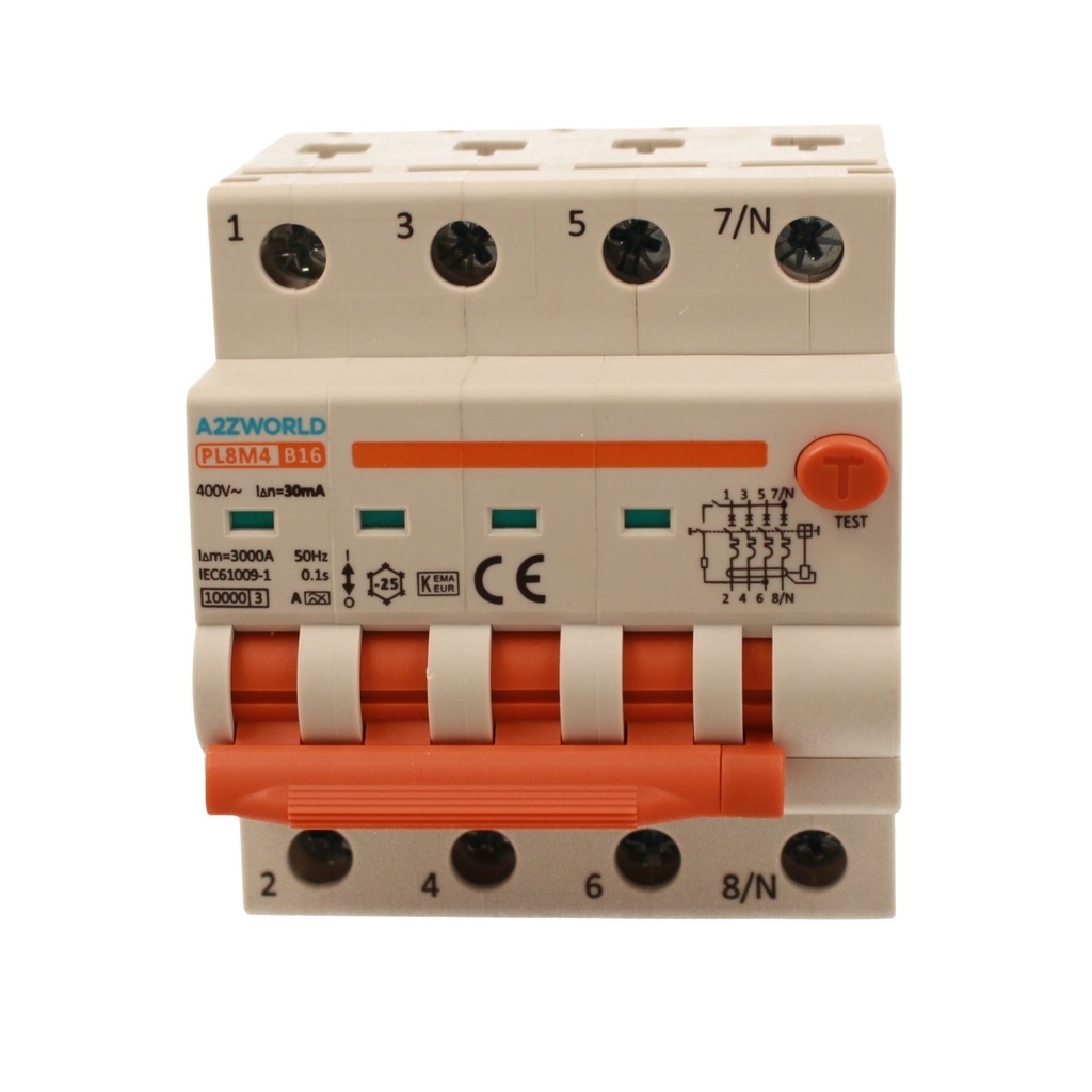 A2ZWORLD RCBO Interruttore Magnetotermico Differenziale Con Doppia Leva Tipo A Curva B 4P 4M 6000A 30mA, Diagnostica Visiva, B16A  AC 400V IP20 IEC61009-1 PL8M4 4P