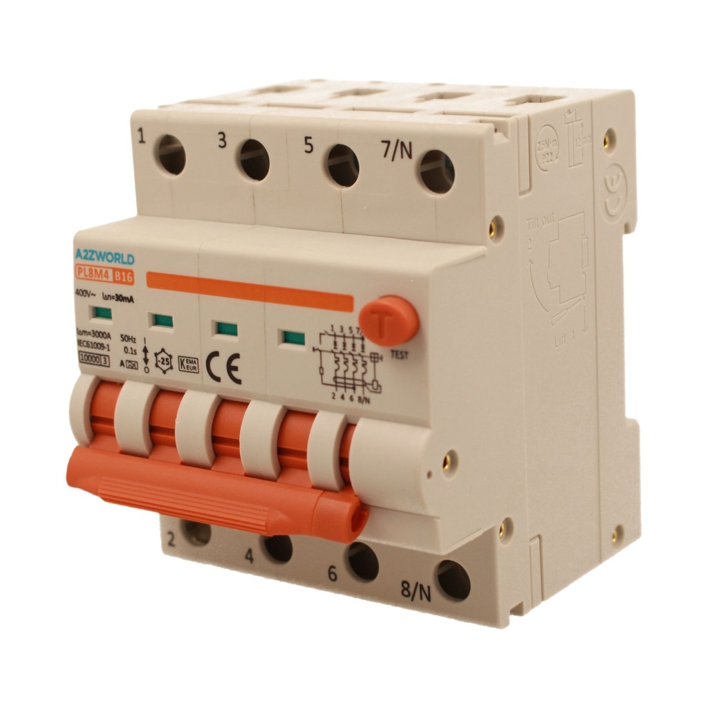 A2ZWORLD RCBO Interruttore Magnetotermico Differenziale Con Doppia Leva Tipo A Curva B 4P 4M 6000A 30mA, Diagnostica Visiva, B16A  AC 400V IP20 IEC61009-1 PL8M4 4P