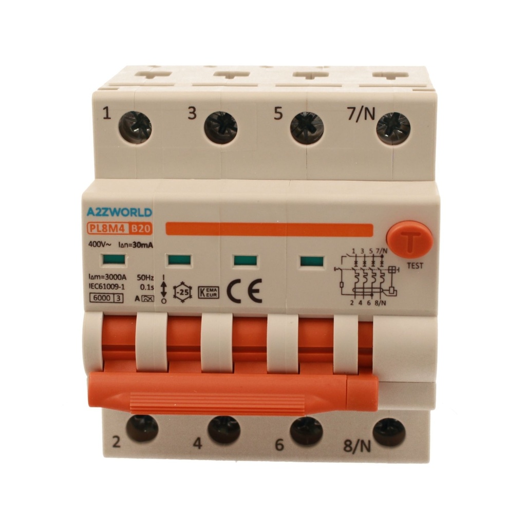 A2ZWORLD RCBO Interruttore Magnetotermico Differenziale Con Doppia Leva Tipo A Curva B 4P 4M 6000A 30mA, Diagnostica Visiva, B20A  AC 400V IP20 IEC61009-1 PL8M4 4P