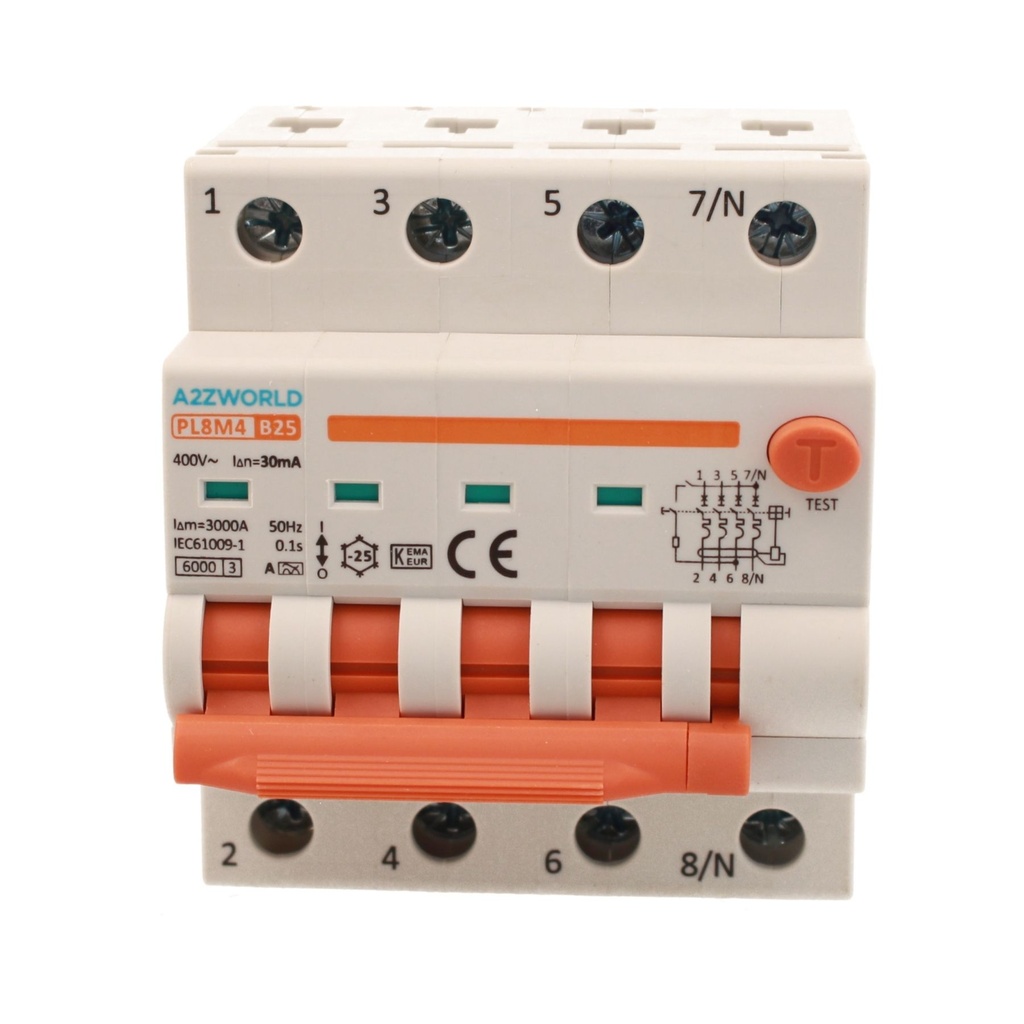 A2ZWORLD RCBO Interruttore Magnetotermico Differenziale Con Doppia Leva Tipo A Curva B 4P 4M 6000A 30mA, Diagnostica Visiva, B25A  AC 400V IP20 IEC61009-1 PL8M4 4P