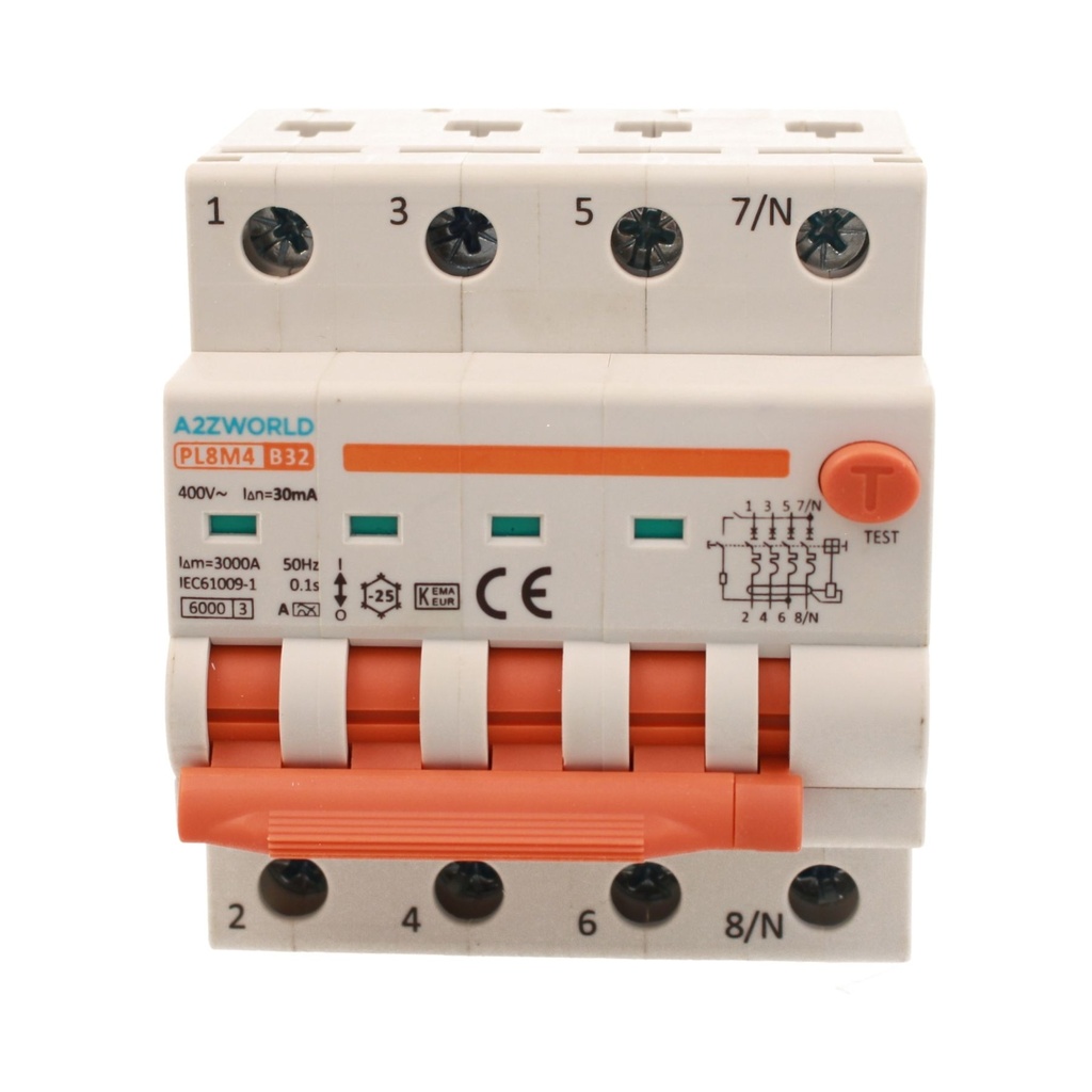 A2ZWORLD RCBO Interruttore Magnetotermico Differenziale Con Doppia Leva Tipo A Curva B 4P 4M 6000A 30mA, Diagnostica Visiva, B32A  AC 400V IP20 IEC61009-1 PL8M4 4P
