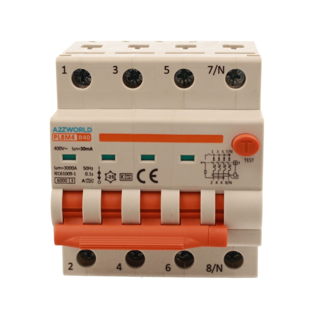 A2ZWORLD RCBO Interruttore Magnetotermico Differenziale Con Doppia Leva Tipo A Curva B 4P 4M 6000A 30mA, Diagnostica Visiva, B40A  AC 400V IP20 IEC61009-1 PL8M4 4P