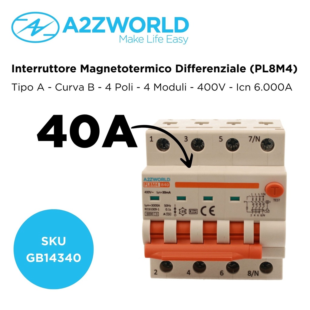 RCBO Interruttore Magnetotermico Differenziale Con Doppia Leva Tipo A Curva B 4P 4M 6000A 30mA, Diagnostica Visiva, B40A  AC 400V IP20 IEC61009-1 PL8M4 4P