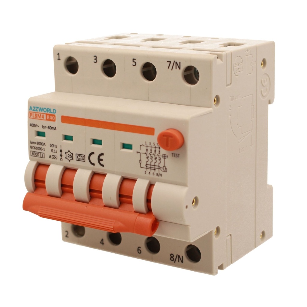 RCBO Interruttore Magnetotermico Differenziale Con Doppia Leva Tipo A Curva B 4P 4M 6000A 30mA, Diagnostica Visiva, B40A  AC 400V IP20 IEC61009-1 PL8M4 4P
