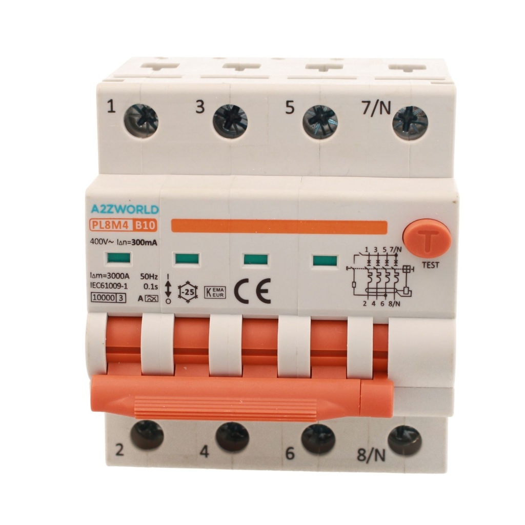 A2ZWORLD RCBO Interruttore Magnetotermico Differenziale Con Doppia Leva Tipo A Curva B 4P 4M 6000A 300mA, Diagnostica Visiva, B10A  AC 400V IP20 IEC61009-1 PL8M4 4P
