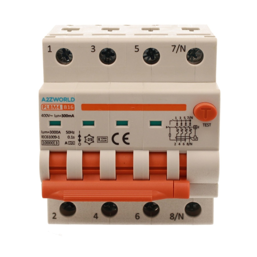 A2ZWORLD RCBO Interruttore Magnetotermico Differenziale Con Doppia Leva Tipo A Curva B 4P 4M 6000A 300mA, Diagnostica Visiva, B16A  AC 400V IP20 IEC61009-1 PL8M4 4P