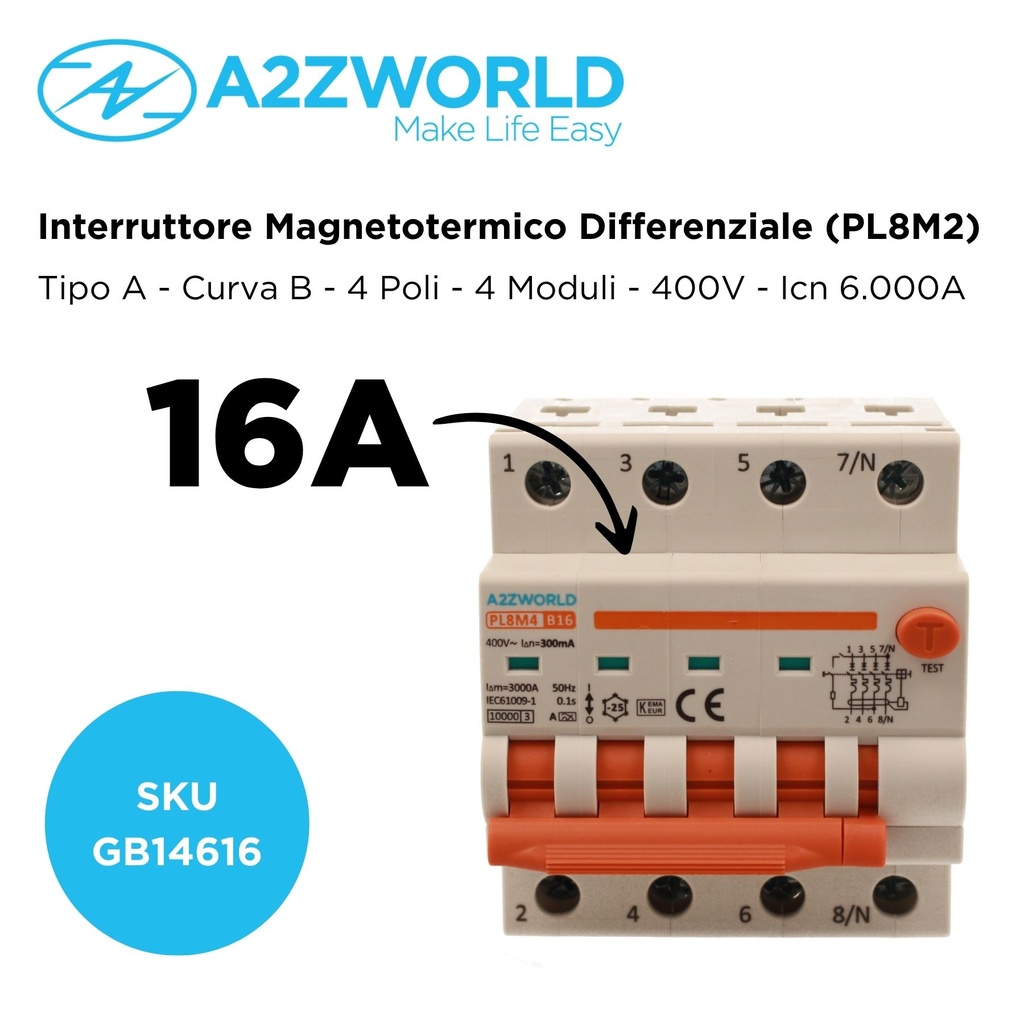RCBO Interruttore Magnetotermico Differenziale Con Doppia Leva Tipo A Curva B 4P 4M 6000A 300mA, Diagnostica Visiva, B16A  AC 400V IP20 IEC61009-1 PL8M4 4P