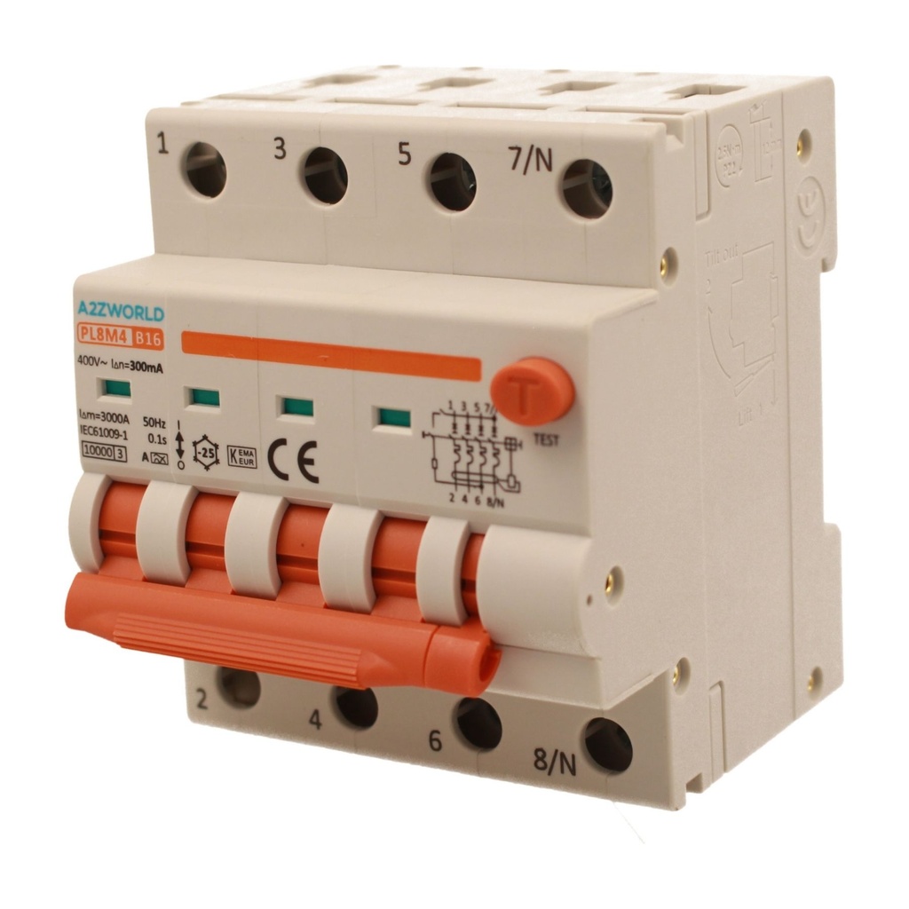 RCBO Interruttore Magnetotermico Differenziale Con Doppia Leva Tipo A Curva B 4P 4M 6000A 300mA, Diagnostica Visiva, B16A  AC 400V IP20 IEC61009-1 PL8M4 4P