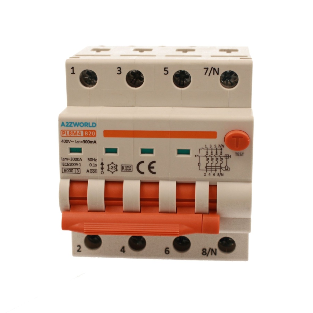 A2ZWORLD RCBO Interruttore Magnetotermico Differenziale Con Doppia Leva Tipo A Curva B 4P 4M 6000A 300mA, Diagnostica Visiva, B20A  AC 400V IP20 IEC61009-1 PL8M4 4P
