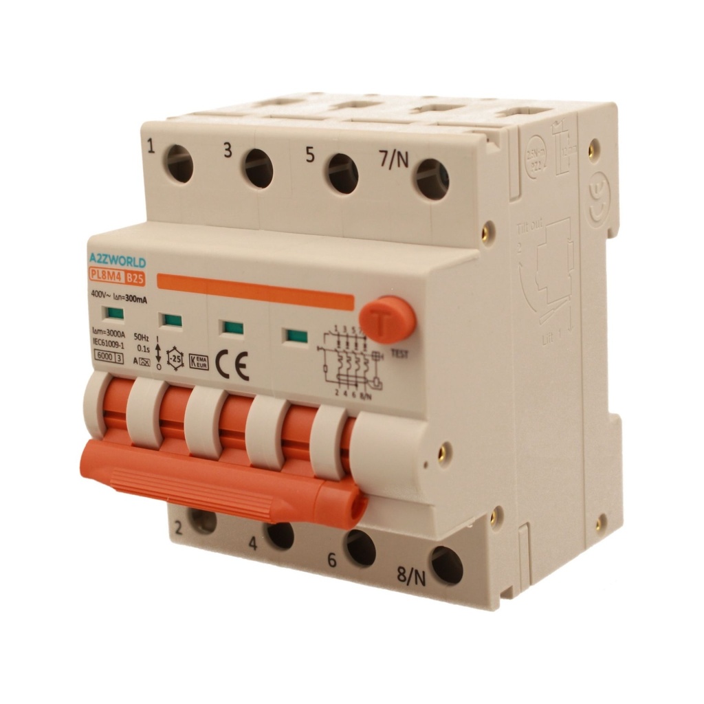 A2ZWORLD RCBO Interruttore Magnetotermico Differenziale Con Doppia Leva Tipo A Curva B 4P 4M 6000A 300mA, Diagnostica Visiva, B25A  AC 400V IP20 IEC61009-1 PL8M4 4P