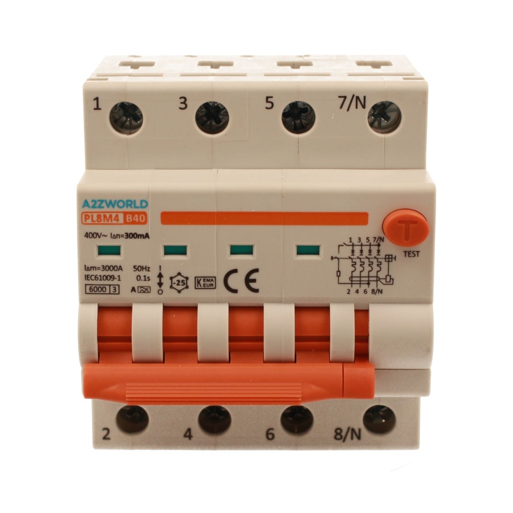 A2ZWORLD RCBO Interruttore Magnetotermico Differenziale Con Doppia Leva Tipo A Curva B 4P 4M 6000A 300mA, Diagnostica Visiva, B40A  AC 400V IP20 IEC61009-1 PL8M4 4P