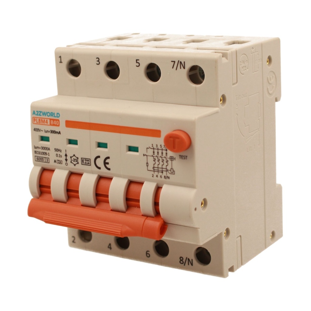 A2ZWORLD RCBO Interruttore Magnetotermico Differenziale Con Doppia Leva Tipo A Curva B 4P 4M 6000A 300mA, Diagnostica Visiva, B40A  AC 400V IP20 IEC61009-1 PL8M4 4P
